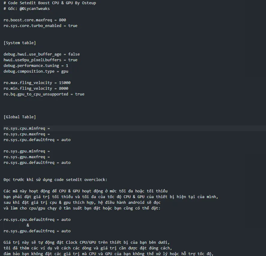 Tampilan file konfigurasi code SetEdit overclock CPU dan GPU dari Osteup