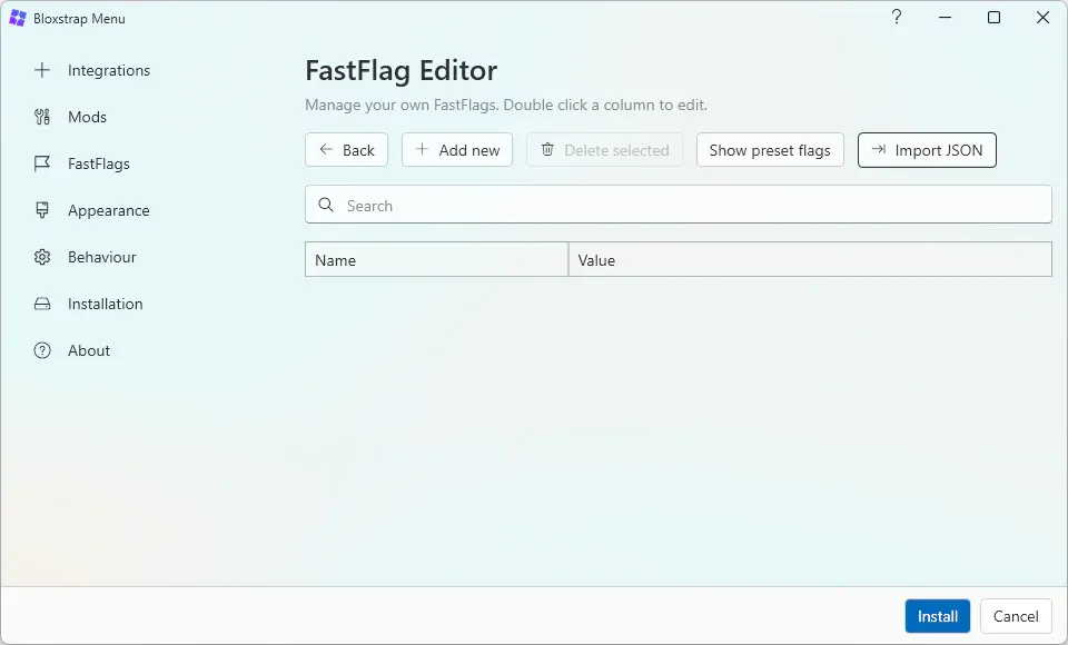 Opening Fast Flag Editor and selecting Import JSON