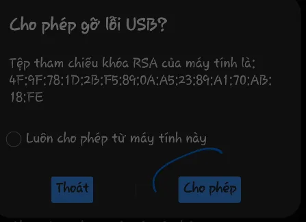 Kotak konfirmasi izinkan debugging USB pada layar ponsel Android