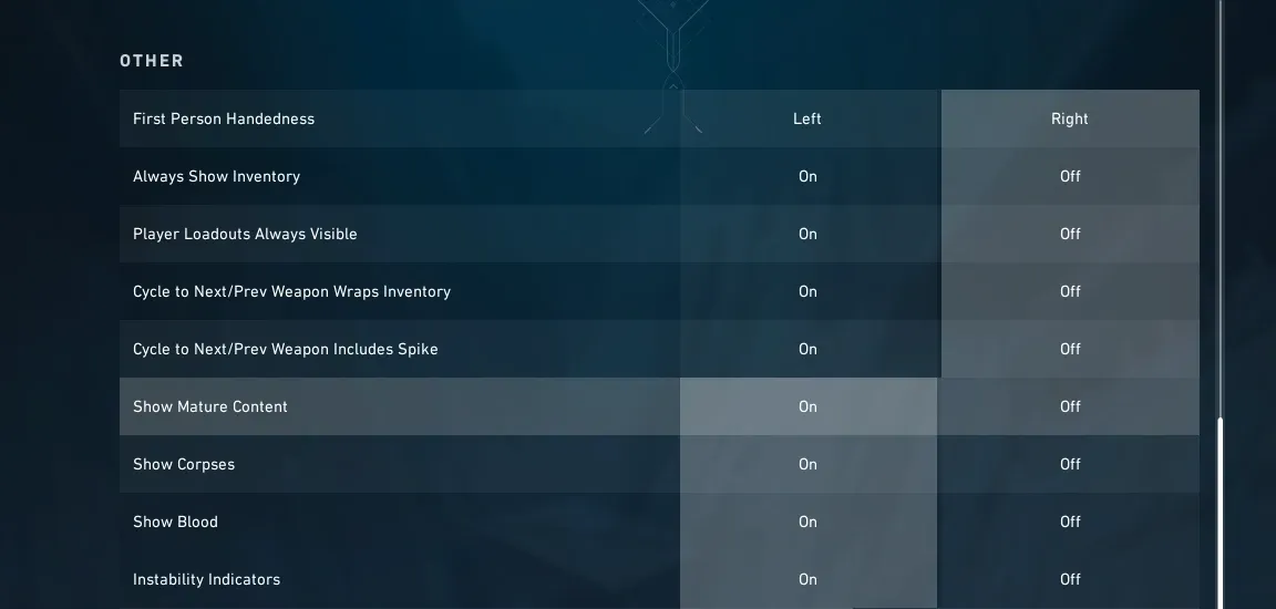 Menu General Settings di Valorant dengan opsi Show Mature Content, Show Corpses, dan Show Blood menyala
