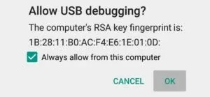 Prompt on Android device screen requesting permission to allow USB debugging