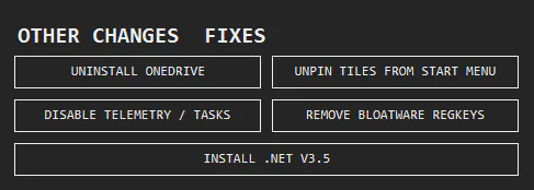 Options to uninstall OneDrive, disable telemetry, and unpin Start tiles
