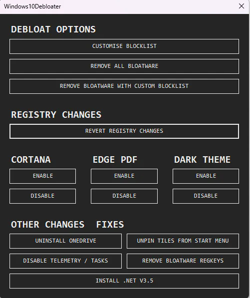 Windows10Debloater graphical user interface on a computer