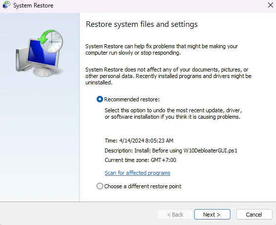 Windows System Restore window displaying available restore points