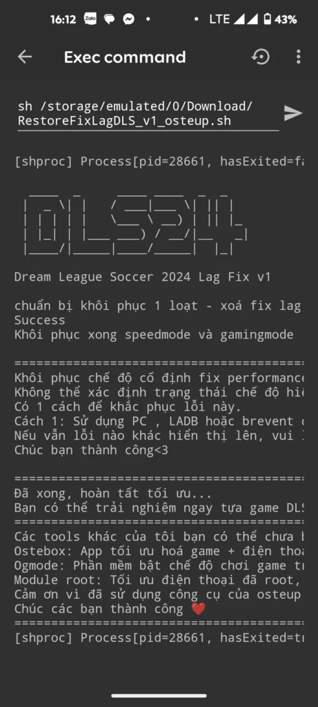 Successful shell script execution confirmation in Brevent on Android