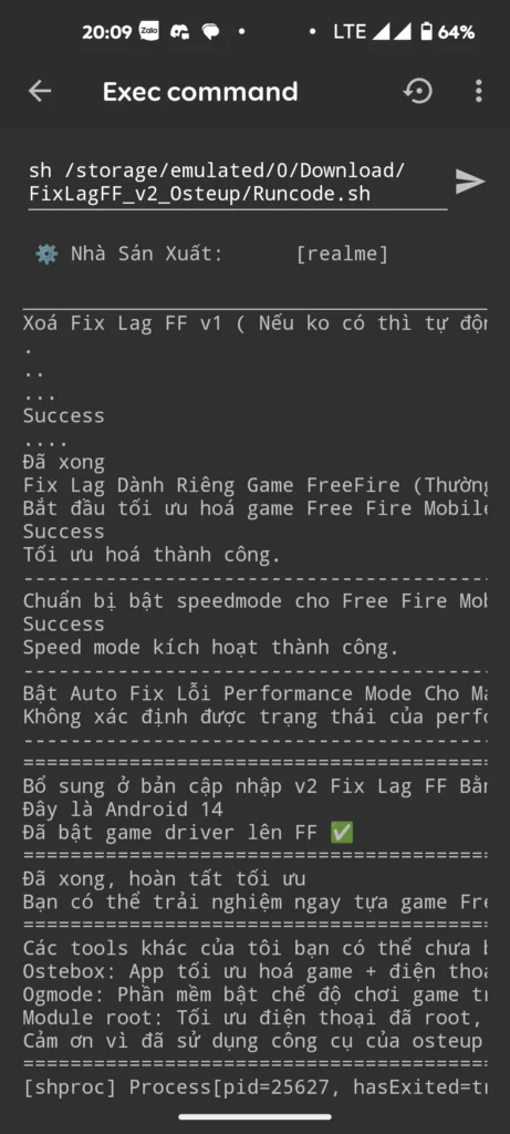 Successful execution of the Free Fire fix lag script in Brevent on Android