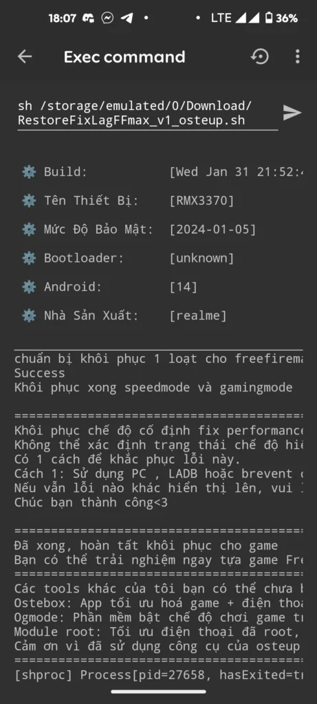 Successful shell script execution message on Android