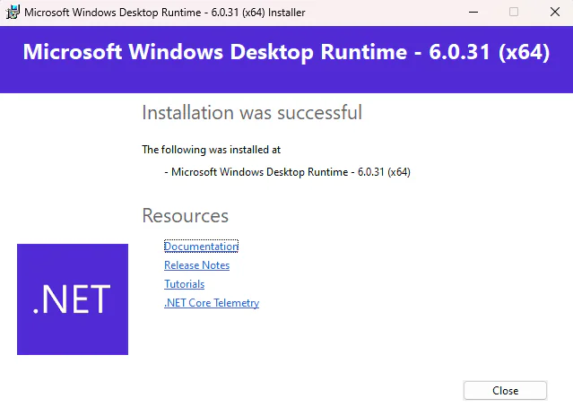 Microsoft .NET Desktop Runtime installation completed successfully