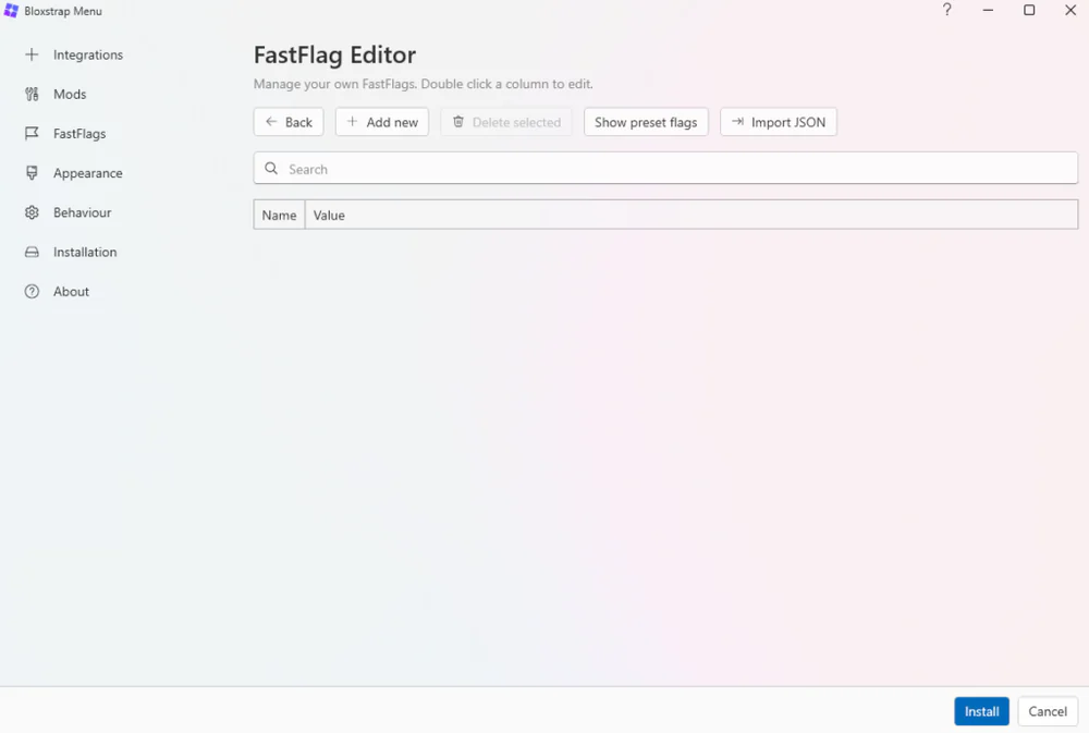 FastFlag Editor window with Add New button to inject graphics optimization flag