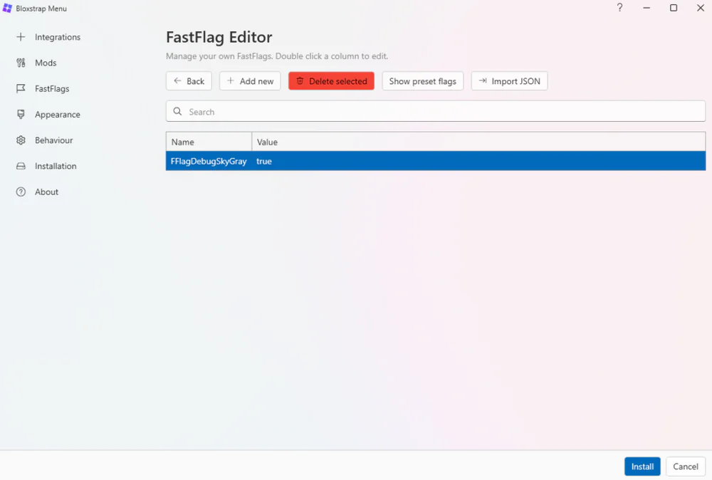 FastFlag configuration table successfully displaying saved FFlagDebugSkyGray