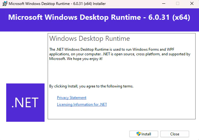Microsoft .NET 6.0 Desktop Runtime installation wizard on Windows