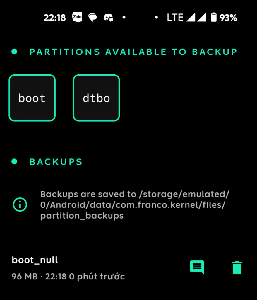 List of saved partition backups stored on device storage