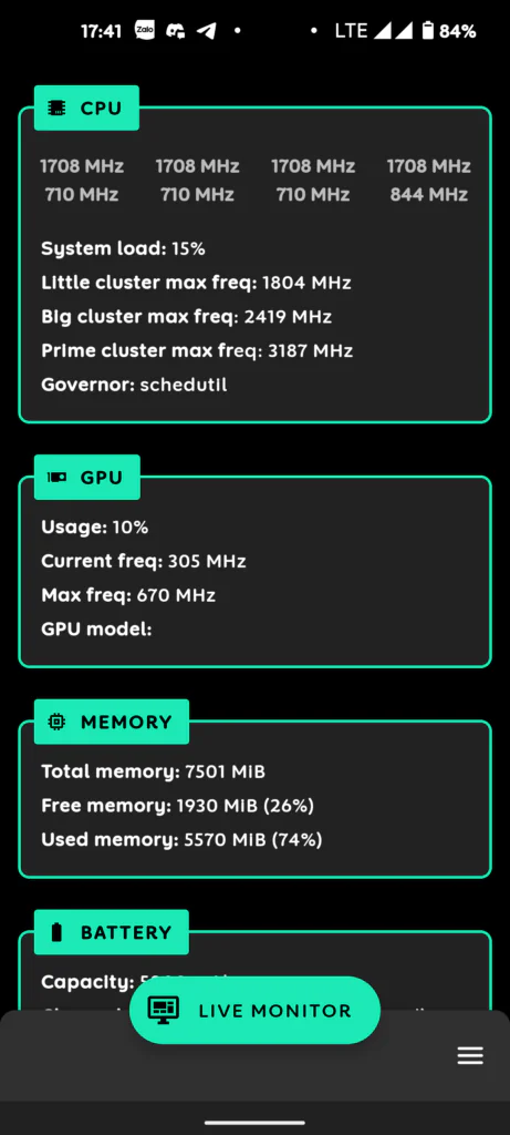 Main dashboard monitoring CPU, GPU, RAM, and Battery metrics in Franco Kernel Manager