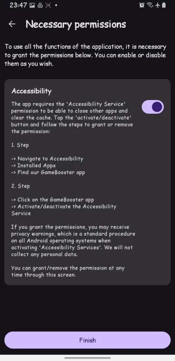 Permissions configuration screen in Game Booster APK
