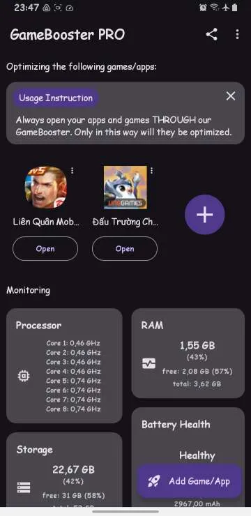 Game Booster APK main dashboard interface on Android