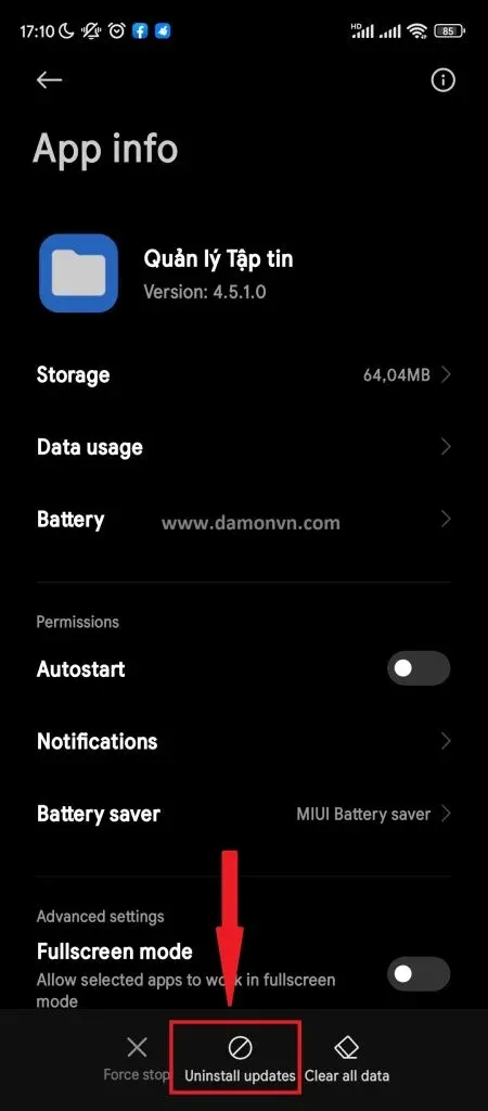Uninstall system files updates and clear storage data screenshot