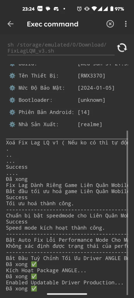 Entering the shell execution command for Lien Quan v3 script in Brevent