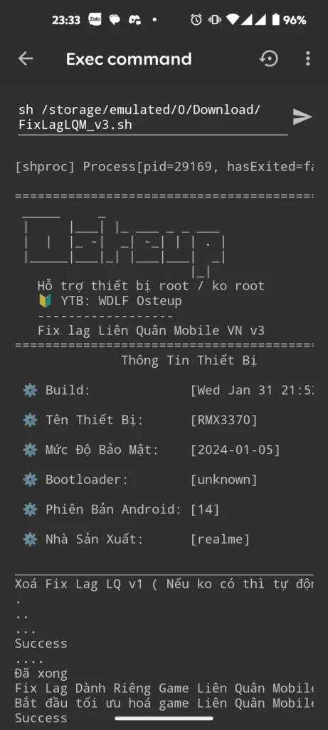 Successful shell script execution output in Brevent on Android