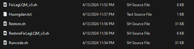 List of extracted script files Runcode.sh and Restore.sh from Lien Quan v3 archive
