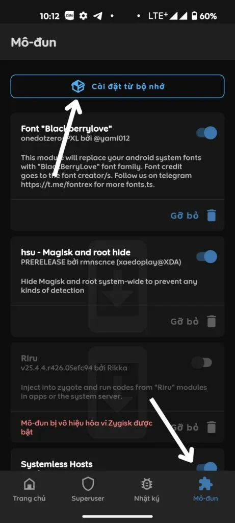 Proses pemasangan modul font zip di dalam Magisk