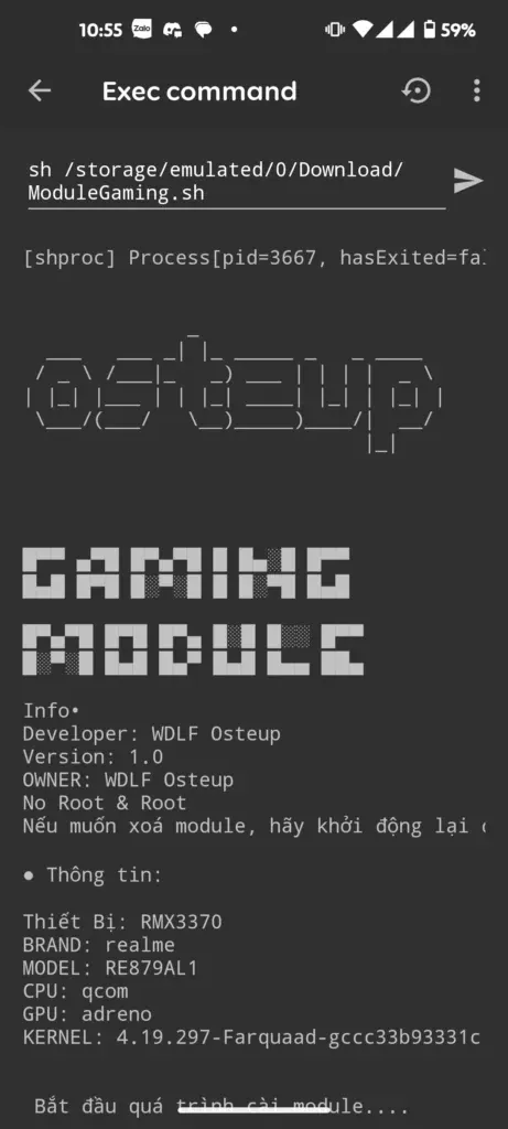 Menjalankan skrip aktivasi modul melalui terminal Termux