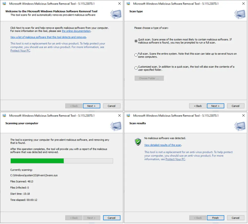 Microsoft Windows Malicious Software Removal Tool (MSRT) interface and scan options