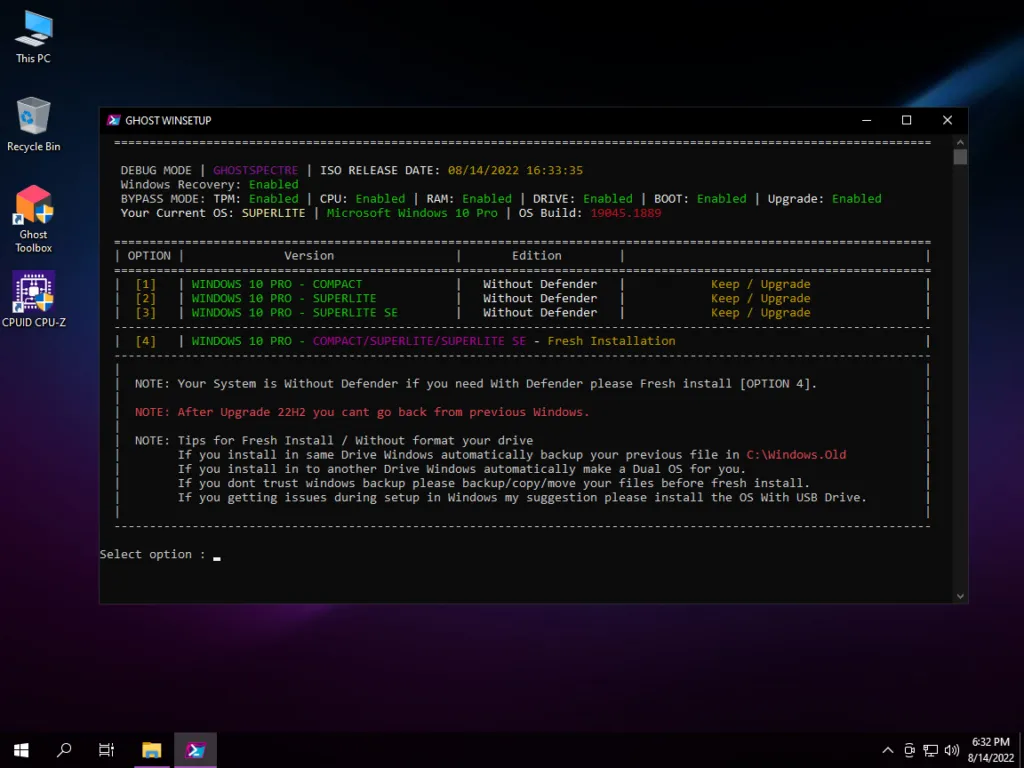 Windows 10 Build 1904X and Ghost Toolbox interface