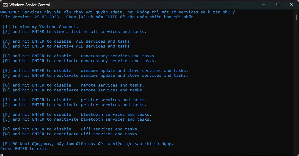 Menu interface of the Reduce Windows Processes optimization utility