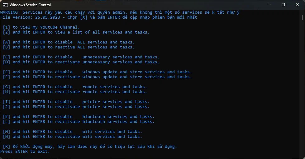 List of menu keys from A to N for toggling Windows services