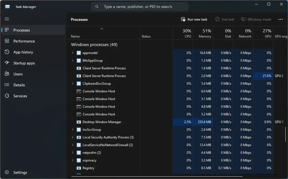 Background process count dropped significantly in Windows Task Manager