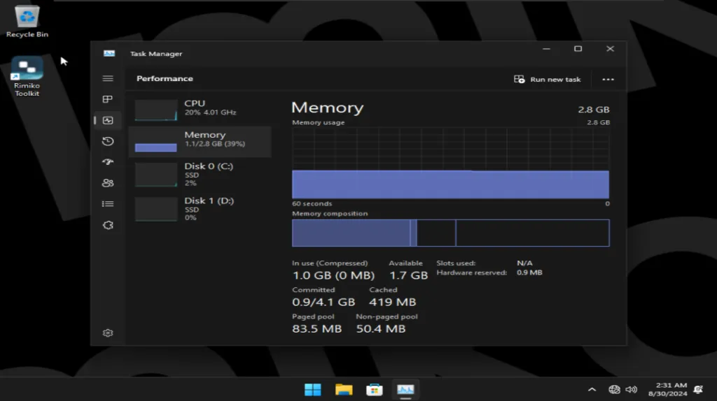 Task Manager displaying low idle background processes