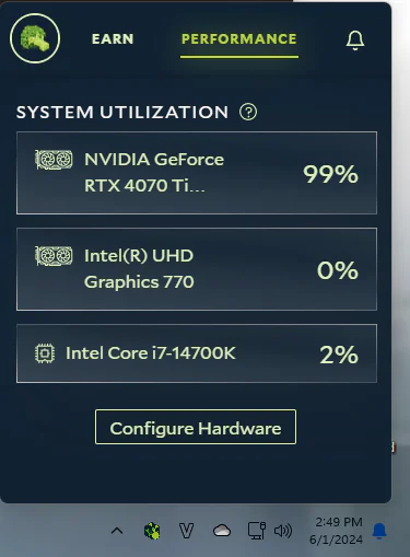 Membuka menu Configure Hardware di pengaturan Performance