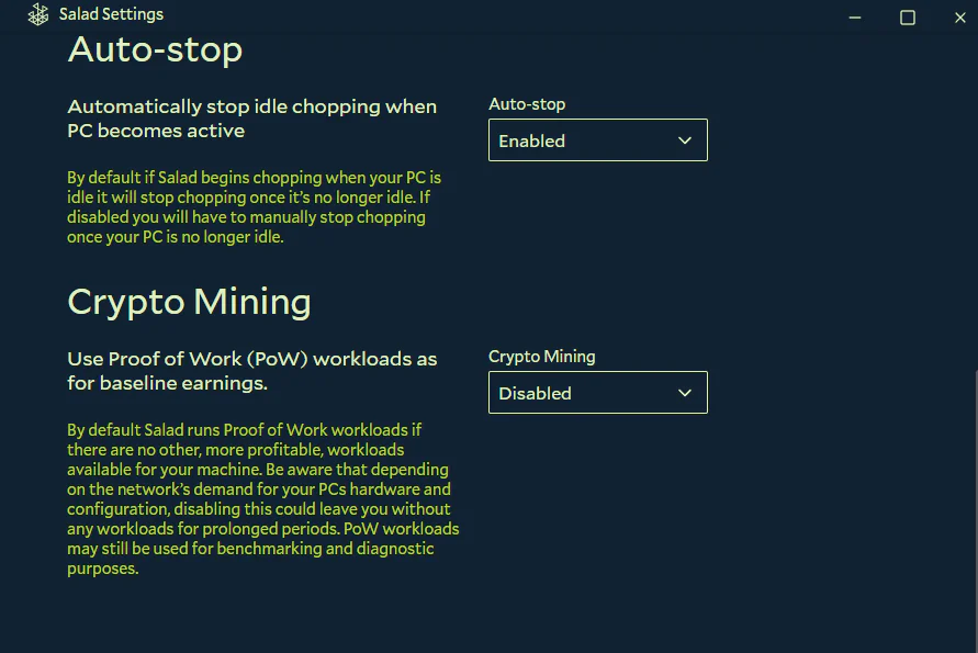 Mematikan sakelar Crypto Mining agar sistem hanya menerima tugas kontainer dingin