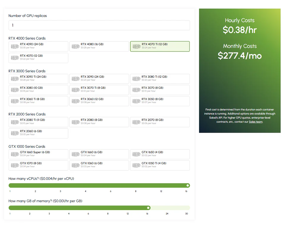 Kalkulator estimasi pendapatan komputasi awan di Salad GPU Cloud Pricing