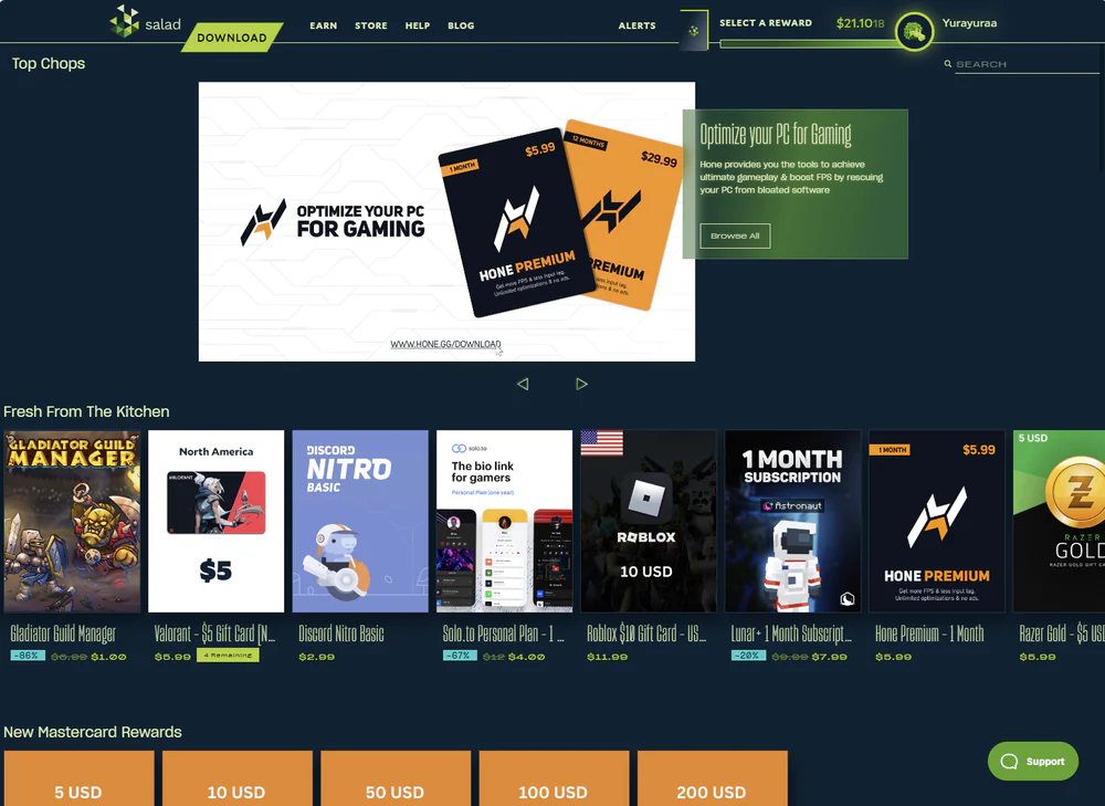 Katalog hadiah Salad Store dengan kartu prabayar, PayPal, dan gift card