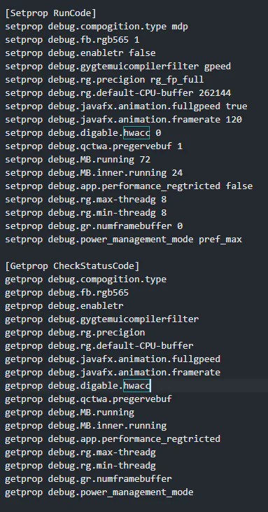 Plaintext file containing 18 setprop optimization commands for Android