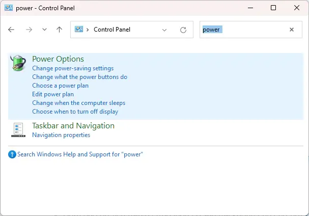 Opening Control Panel and navigating to Power Options
