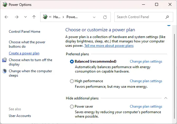 Selecting Create a power plan option