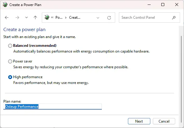 Selecting High Performance template and naming plan