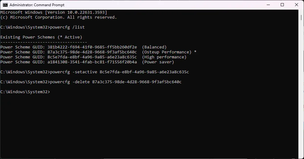 Command Prompt powercfg commands to reset or delete custom plans