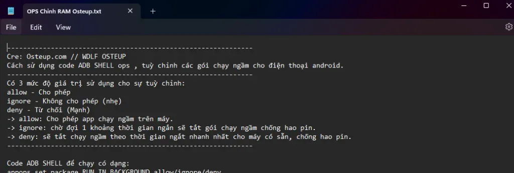 ADB shell terminal running OPS commands to manage background app permissions