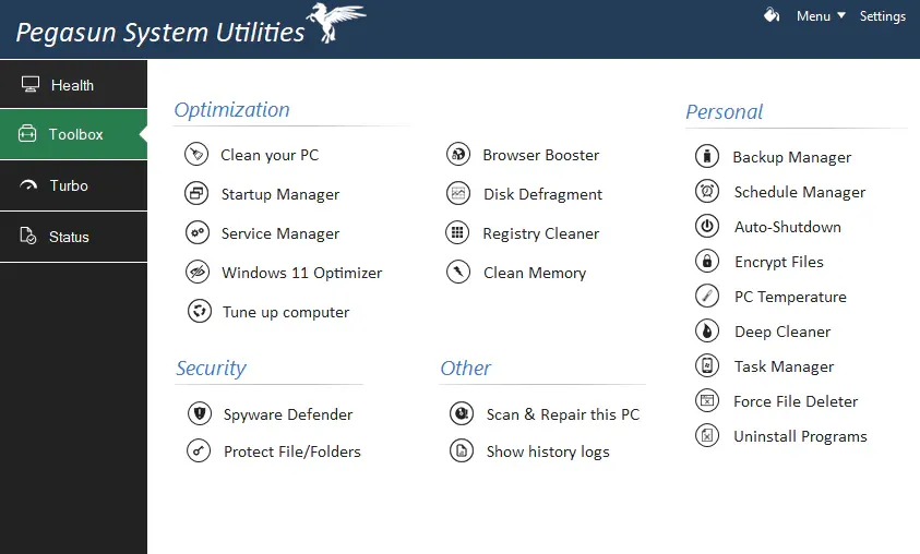 Pegasun System Utilities main dashboard interface