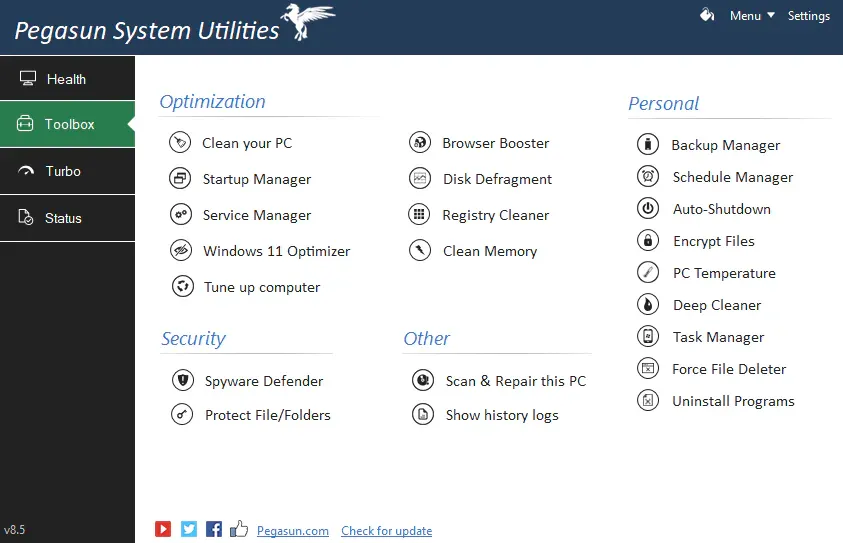 Pegasun Toolbox advanced maintenance utilities