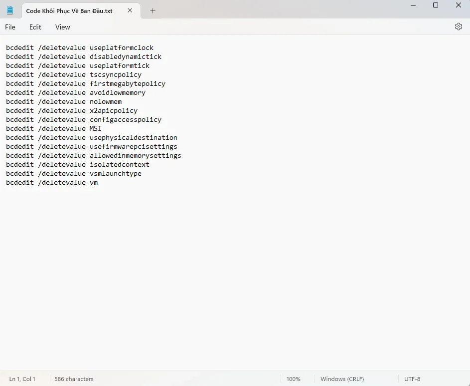 Running bcdedit deletevalue script to restore default Windows boot settings