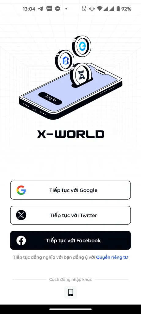 XWORLD account login screen on mobile