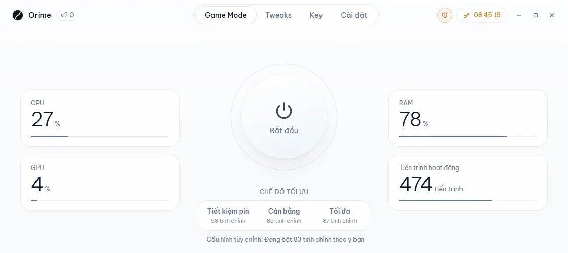 Orime Game Mode tab in idle state, displaying CPU, GPU, RAM, running processes, and Battery, Balanced, Max presets